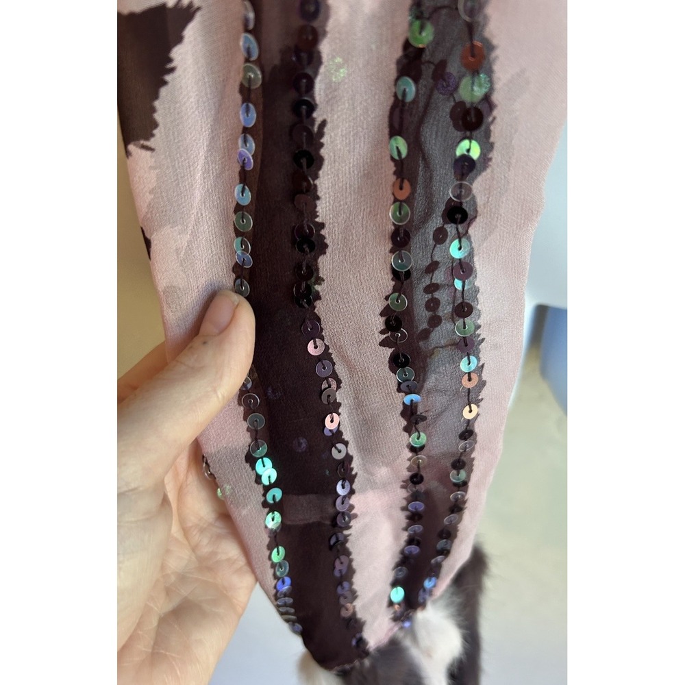 Sheer Silk Scarf Wrap Rabbit Fur Tassel Sequin Retro Glam Maximalist‎ Bohemian - Picture 5 of 7